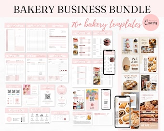 May include: A pink and white bakery business bundle with over 70 templates, including daily planners, order forms, price lists, and social media graphics. The templates are designed in Canva and feature a variety of bakery-themed images and text.