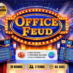 Könnte beinhalten: Ein digitales Spiel-Kit mit dem Titel "Office Feud" mit blauem und goldenem Design. Das Spiel beinhaltet 20 Runden, ist für 2 Teams und für alle Altersgruppen geeignet. Es bietet einfaches Spielen, druckbare Inhalte und volle Interaktivität.