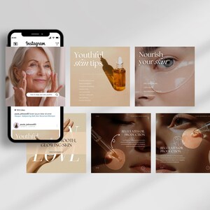 Op de afbeelding: Een verzameling Instagram-berichten die huidverzorgingsproducten promoten. De berichten bevatten afbeeldingen van het gezicht van een vrouw met verschillende aangebrachte huidverzorgingsproducten, samen met tekst over de voordelen van de producten. De tekst bevat zinnen als "Tips voor een jeugdige huid", "Voed je huid", "Regelt de olieproductie" en "Gladde, stralende huid".