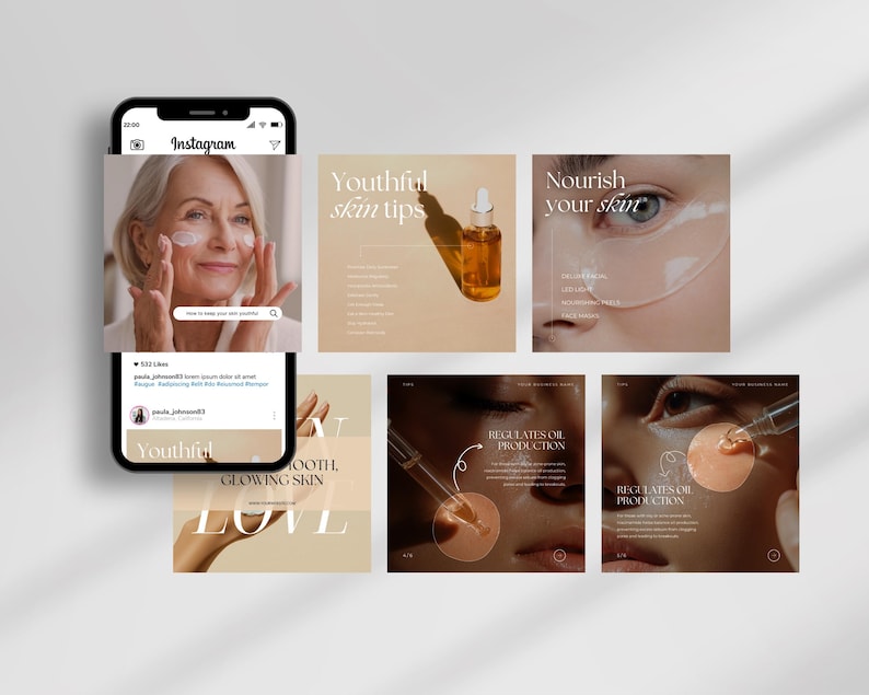 Op de afbeelding: Een verzameling Instagram-berichten die huidverzorgingsproducten promoten. De berichten bevatten afbeeldingen van het gezicht van een vrouw met verschillende aangebrachte huidverzorgingsproducten, samen met tekst over de voordelen van de producten. De tekst bevat zinnen als "Tips voor een jeugdige huid", "Voed je huid", "Regelt de olieproductie" en "Gladde, stralende huid".