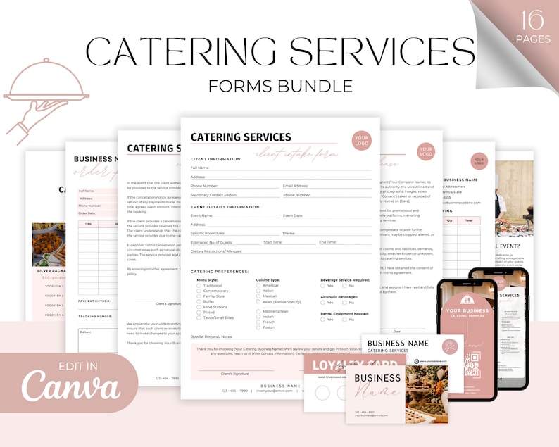 May include: A set of 16 printable catering service forms in a pink and white color scheme. The forms include a business menu order form, a catering services client information form, a catering services event details information form, a catering services catering preferences form, a loyalty card, and a business card. The forms are designed to be edited in Canva.