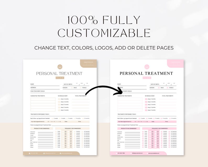 May include: Two printable pages with the text "PERSONAL TREATMENT" at the top. The pages are customizable and can be used to track client information and treatment plans.