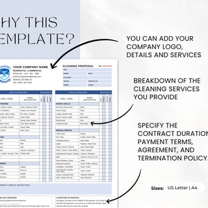 May include: A blue and white cleaning service proposal template with a checklist for different areas of a home or business. The template includes sections for restrooms, doors and walls, floors, exterior, and miscellaneous areas. It also includes sections for contract duration, payment terms, agreement, and termination policy.