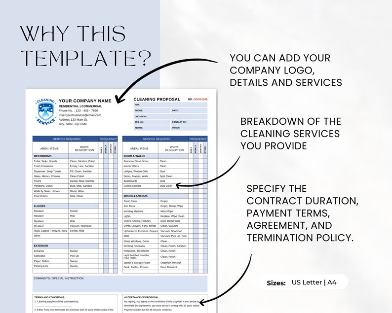 May include: A blue and white cleaning service proposal template with a checklist for different areas of a home or business. The template includes sections for restrooms, doors and walls, floors, exterior, and miscellaneous areas. It also includes sections for contract duration, payment terms, agreement, and termination policy.