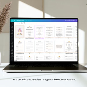 May include: A laptop screen displaying a Canva design template for a daycare handbook. The template features a rainbow graphic and the text "Daycare Handbook". The template is divided into multiple pages, each with a different section of the handbook.