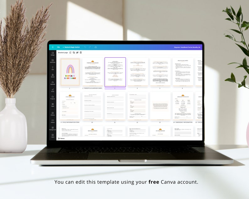 May include: A laptop screen displaying a Canva design template for a daycare handbook. The template features a rainbow graphic and the text "Daycare Handbook". The template is divided into multiple pages, each with a different section of the handbook.
