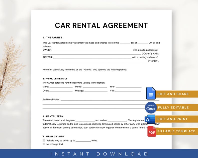Car Rental Agreement Template, Form Templates, Car for Rent Agreement ...