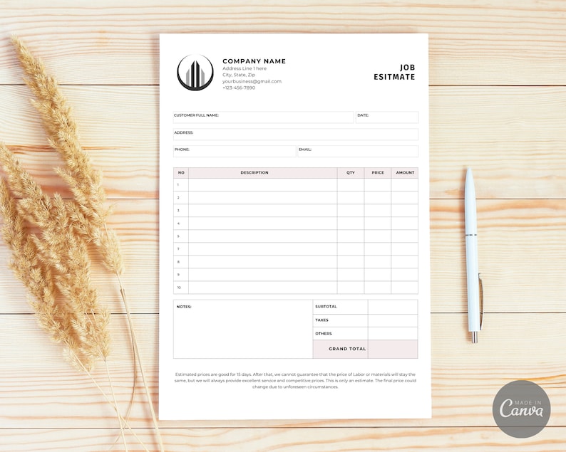 Job Estimate Template, Printable Job Estimate Template PDF, Editable ...