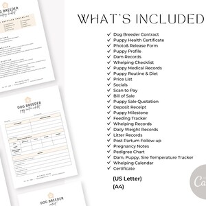 Pode incluir: Uma lista de verifica&ccedil;&atilde;o dos itens inclu&iacute;dos num kit de criador de c&atilde;es. A lista de verifica&ccedil;&atilde;o inclui itens como um contrato de criador de c&atilde;es, um certificado de sa&uacute;de do filhote, um formul&aacute;rio de foto e libera&ccedil;&atilde;o, um perfil do filhote, registos da m&atilde;e, uma lista de verifica&ccedil;&atilde;o de parto, registos m&eacute;dicos do filhote, rotina e dieta do filhote, uma lista de pre&ccedil;os, redes sociais, digitaliza&ccedil;&atilde;o para pagar, fatura de venda, cota&ccedil;&atilde;o de venda de filhotes, recibo de dep&oacute;sito, marco do filhote, acompanhamento da alimenta&ccedil;&atilde;o, registos de parto, registos de peso di&aacute;rios, registos de ninhada, acompanhamento p&oacute;s-parto, notas de gravidez, pedigree, acompanhamento da temperatura da m&atilde;e, do filhote e do pai, calend&aacute;rio de parto, certificado, carta dos EUA e A4.