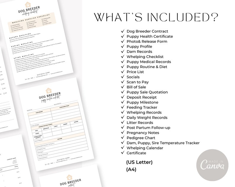 Pode incluir: Uma lista de verifica&ccedil;&atilde;o dos itens inclu&iacute;dos num kit de criador de c&atilde;es. A lista de verifica&ccedil;&atilde;o inclui itens como um contrato de criador de c&atilde;es, um certificado de sa&uacute;de do filhote, um formul&aacute;rio de foto e libera&ccedil;&atilde;o, um perfil do filhote, registos da m&atilde;e, uma lista de verifica&ccedil;&atilde;o de parto, registos m&eacute;dicos do filhote, rotina e dieta do filhote, uma lista de pre&ccedil;os, redes sociais, digitaliza&ccedil;&atilde;o para pagar, fatura de venda, cota&ccedil;&atilde;o de venda de filhotes, recibo de dep&oacute;sito, marco do filhote, acompanhamento da alimenta&ccedil;&atilde;o, registos de parto, registos de peso di&aacute;rios, registos de ninhada, acompanhamento p&oacute;s-parto, notas de gravidez, pedigree, acompanhamento da temperatura da m&atilde;e, do filhote e do pai, calend&aacute;rio de parto, certificado, carta dos EUA e A4.