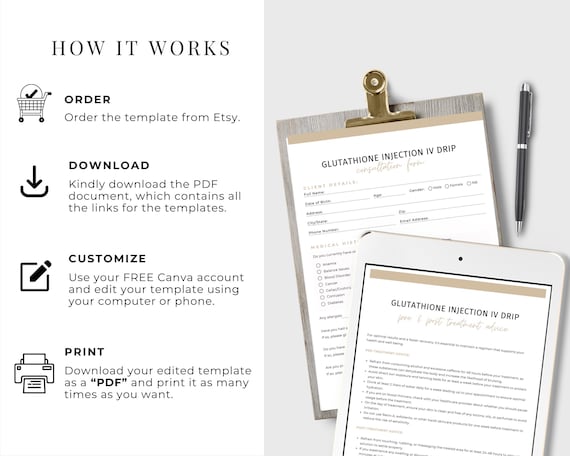 Glutathione Injection IV Drip Intake Form Template, Glutathione Injections Consent Form, Glutathione Shots Informed Consent, Canva Template - Etsy Glutathione Injection IV Drip Intake Form Template, Glutathione Injections Consent Form, Glutathione Shots Informed Consent, Canva Template - Etsy