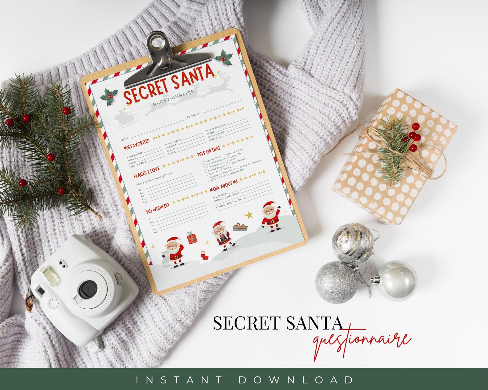 Secret Friend Forms Printable Secret Santa Questionnaire for Christmas, Gift Exchange ...