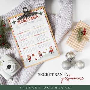 Cuestionario imprimible de amigo secreto para Navidad, intercambio de regalos, paquete, formulario de amigo secreto, trabajo o casa de amigos, plantilla de Canva
