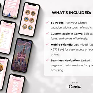 May include: A pink and white digital planner with a Mickey Mouse icon and the text "Magical Vacation Orlando 2025". The planner is designed for planning a Disney vacation and includes 34 pages, is customizable in Canva, mobile-friendly, and has seamless navigation.