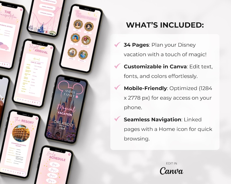 May include: A pink and white digital planner with a Mickey Mouse icon and the text "Magical Vacation Orlando 2025". The planner is designed for planning a Disney vacation and includes 34 pages, is customizable in Canva, mobile-friendly, and has seamless navigation.