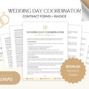 May include: A printable wedding day coordinator contract form with a gold and white color scheme. The contract form includes sections for services provided, client responsibilities, and force majeure. The document also includes a bonus invoice form.