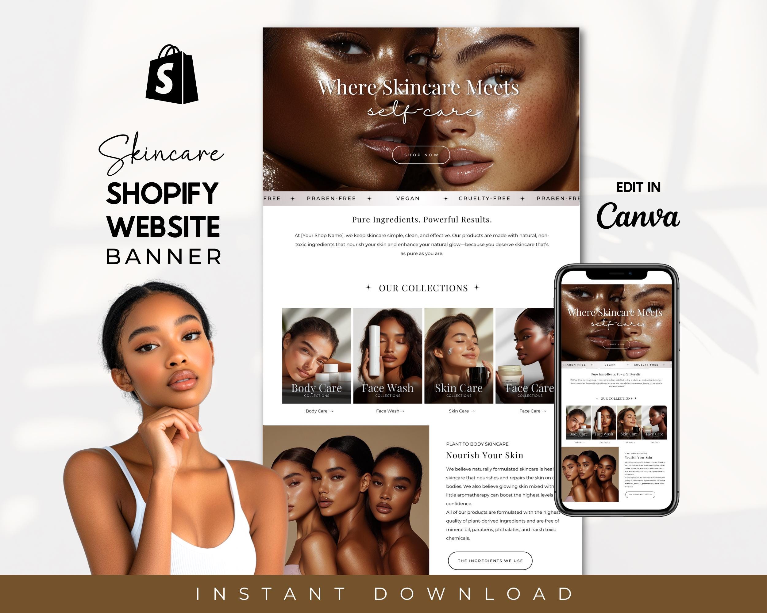 Skincare Shopify Website Banner Template, Skin Care Banner Design Template, Shopify Clean Skincare Design, Premade Shopify Banners, Canva