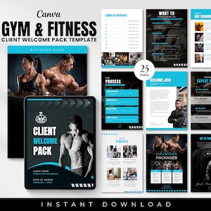 May include: A black and blue digital client welcome pack template for a gym or fitness business. The template includes a table of contents, information about the process, services, coaching packages, and what to expect from the client. The template also includes a welcome message and contact information.