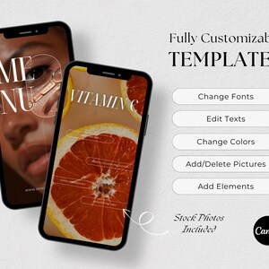 Op de afbeelding: Twee telefoon-schermmockups met aanpasbare sjablonen. De linker mockup toont het gezicht van een vrouw met de tekst "ME NU" bovenaan. De rechter mockup toont een grapefruit met de tekst "VITAMIN C" bovenaan. De tekst "Volledig aanpasbare Sjablonen" staat bovenaan de afbeelding. Onder de mockups bevinden zich knoppen met de tekst "Lettertypen wijzigen", "Teksten bewerken", "Kleuren wijzigen", "Afbeeldingen toevoegen/verwijderen", "Elementen toevoegen", "Voorraadfoto's inbegrepen" en "Canva".