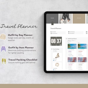 May include: A digital travel planner on a tablet. The screen displays a travel packing checklist, outfit planning, and a style journal. The planner includes options for outfit planning by day and item, and a packing checklist.
