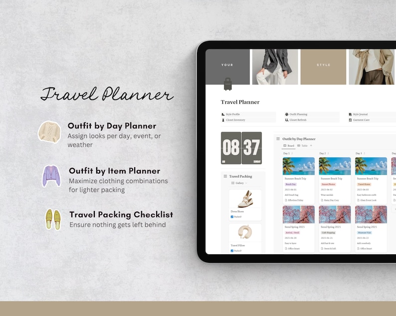 May include: A digital travel planner on a tablet. The screen displays a travel packing checklist, outfit planning, and a style journal. The planner includes options for outfit planning by day and item, and a packing checklist.