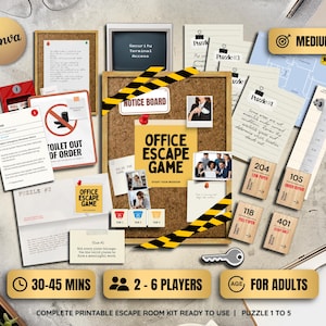 Peut inclure: Kit complet imprimable pour une Escape Room de bureau avec des énigmes, des indices et un tableau d'affichage. Comprend une clé, des panneaux et une minuterie. Le jeu est pour 2 à 6 joueurs et dure 30-45 minutes. Pour adultes.