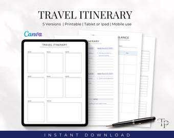 Modèle imprimable d'itinéraire de voyage, planificateur mobile de voyage modifiable Programme de vacances numérique et imprimable, organisateur de voyage, guide touristique