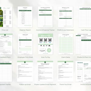 May include: A collection of fifteen business management templates featuring a consistent white and sage green color scheme. The documents include a price list, expense report, income and expense tracker, profit and loss statement, cash flow log, feedback form, employee time sheet, scan-to-pay sheet with QR codes, event dates, product and plant inventory, payment tracker, follow-up email, project update email, thank-you email, and invoice and quote forms.