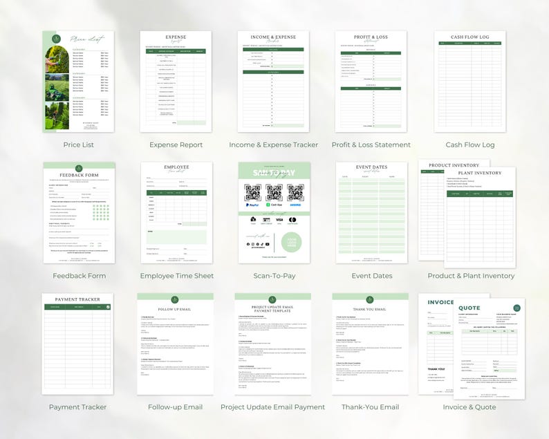 May include: A collection of fifteen business management templates featuring a consistent white and sage green color scheme. The documents include a price list, expense report, income and expense tracker, profit and loss statement, cash flow log, feedback form, employee time sheet, scan-to-pay sheet with QR codes, event dates, product and plant inventory, payment tracker, follow-up email, project update email, thank-you email, and invoice and quote forms.