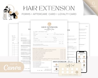 May include: A set of printable forms for hair extensions, including a consultation form, aftercare card, and loyalty card. The forms are designed in a minimalist style with black text on a white background.