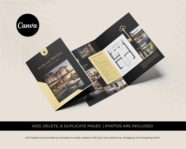 Luxury black and gold real estate tri-fold brochure with floor plan and property imagery