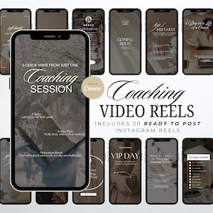 Könnte beinhalten: Eine Sammlung von Smartphone-Mockups, die Coaching-Video-Reels zeigen. Das zentrale Telefon zeigt den Text: "3 Quick Wins From Just One Coaching Session." Andere Telefone zeigen Texte wie "Coming Soon" und "Mistakes." Das Bild enthält den Text "Coaching Video Reels" und "Includes 20 Ready to Post Instagram Reels."