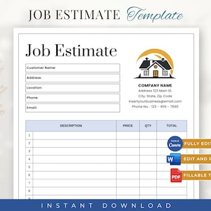 Job Estimate Template, Printable Job Estimate Template PDF, Editable Canva Construction Bid, Painting, Electrical, Tile, Home Remodeling