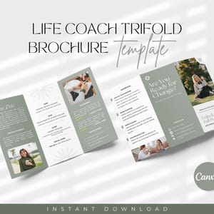 Szablon broszury Trifold, Minimalistyczny szablon broszury Life Coach, Usługa coachingowa, Materiały do druku dla firm coachingowych, Szablon Canva Edytuj