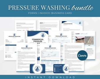 May include: A digital download bundle for pressure washing businesses. The bundle includes forms, an invoice template, and a business card design. The design features a blue and white colour scheme with a stylised illustration of a pressure washer.