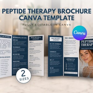 May include: A tri-fold peptide therapy brochure Canva template featuring dark blue text on white panels. The design includes sections titled What Are Peptides, Potential Benefits, Metabolism & Fat Loss, Brain Health & Longevity, and Why Choose Us.