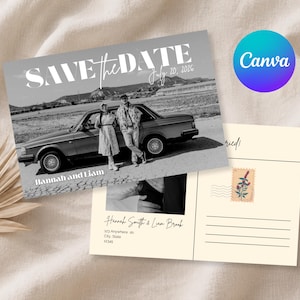 May include: A rectangular Save the Date card featuring a black and white photograph of two people standing by a car, with the text "SAVE the DATE", "July 20, 2026", and "Hannah and Liam". The reverse side shows a postcard layout with address lines.