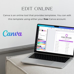 Pode incluir: Um computador port&aacute;til exibindo um modelo de design Canva para um neg&oacute;cio de creche em casa. O modelo inclui um logotipo de borboleta roxo e o texto "HOME DAYCARE" e "CLIENT DETAILS". O laptop est&aacute; em uma superf&iacute;cie branca.