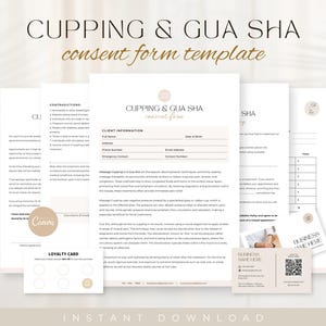 Puede incluir: Una plantilla de formulario de consentimiento imprimible para tratamientos de ventosas y gua sha. El formulario incluye información del cliente, una sección sobre contraindicaciones y una descripción de los tratamientos. El formulario también incluye una tarjeta de fidelización y una tarjeta de visita.