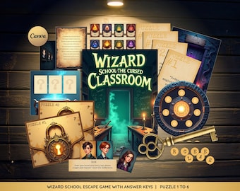 May include: An escape room game with the title "Wizard School the Cursed Classroom." The image features puzzle cards, a key, a circular dial, and character portraits. The game's theme is fantasy, with a focus on puzzles and riddles.