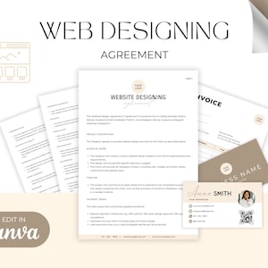 Op de afbeelding: Een website-ontwerp overeenkomst sjabloon met een logo, tekst en een visitekaartje. De overeenkomst bevat secties voor projectbeschrijving, scope of work, tijdlijn en betalingsvoorwaarden.