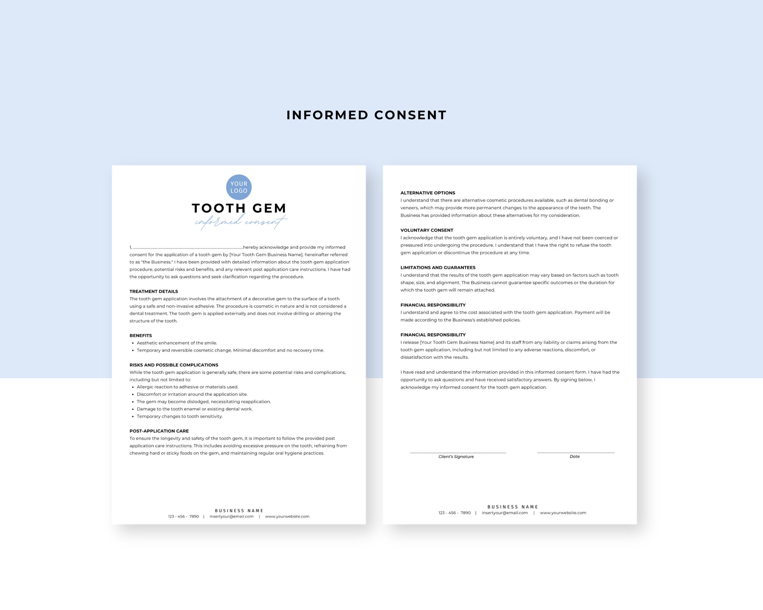 Tooth Gem Consent Form, Teeth Gem Forms, Tooth Jewelry, Esthetician ...
