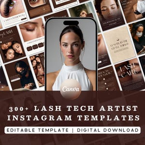 以下が含まれることがあります： スマートフォン画面に女性のポートレートが写り、様々なソーシャルメディアテンプレートに囲まれたプロモーション画像。テンプレートには、まつげエクステサービスが表示され、「Lash Tech Artist Instagram Templates」や「Editable Template | Digital Download」などのテキストが含まれています。