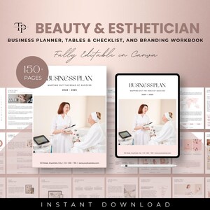 May include: A business planner and workbook for beauty and esthetician professionals. The cover features a woman in a white coat with a client. The text reads "Beauty & Esthetician Business Planner" and "Fully Editable in Canva."