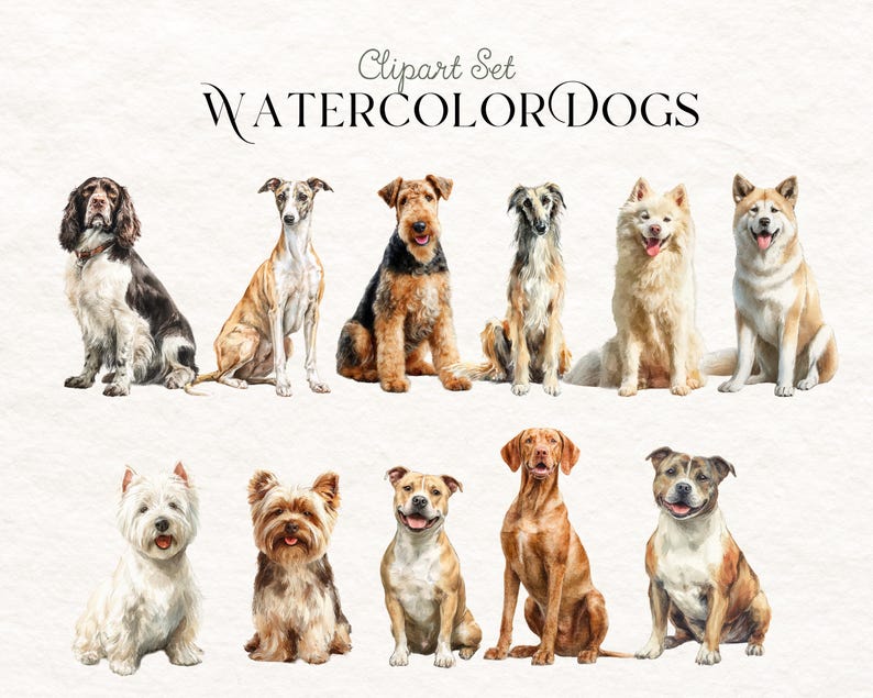 Dog Breeds Clip Art Bundle, Hand Drawn Puppy Illustrations, Cute Pet ...