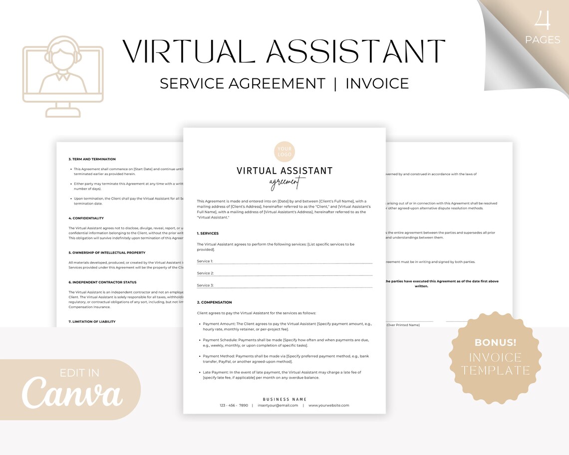 Editable Virtual Assistant Contract, Virtual Assistant Services ...