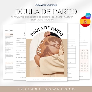 Puede incluir: Conjunto de formularios imprimibles para una doula, con el texto "DOULA DE PARTO". Los formularios incluyen registro de cliente, contacto, factura y una lista de verificación. La imagen muestra una persona embarazada con acentos florales.