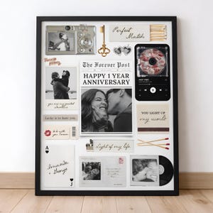 May include: A framed collage with a black border, featuring photos, a camera, a key, and matchsticks. Text includes "Happy 1 Year Anniversary", "Our Song", and "Amanda + George". The theme appears to be a personalized anniversary gift.