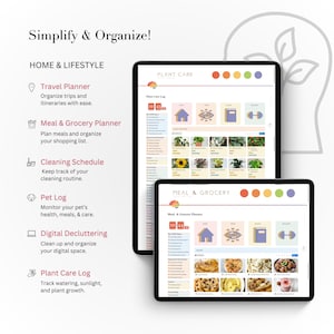 Pu&ograve; includere: Due tablet neri che mostrano pagine di pianificazione digitale. Il tablet superiore mostra un Plant Care Log, e quello inferiore mostra un Meal & Grocery Planner. Il testo a sinistra elenca gli strumenti di pianificazione per la casa e lo stile di vita.