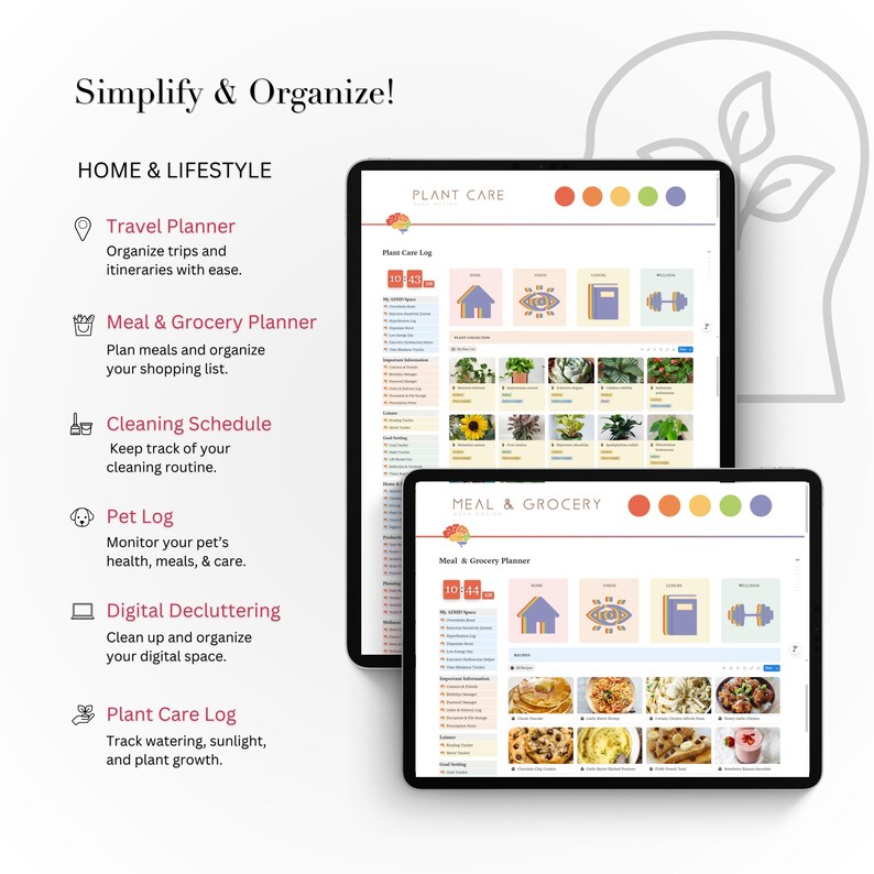 Pu&ograve; includere: Due tablet neri che mostrano pagine di pianificazione digitale. Il tablet superiore mostra un Plant Care Log, e quello inferiore mostra un Meal & Grocery Planner. Il testo a sinistra elenca gli strumenti di pianificazione per la casa e lo stile di vita.